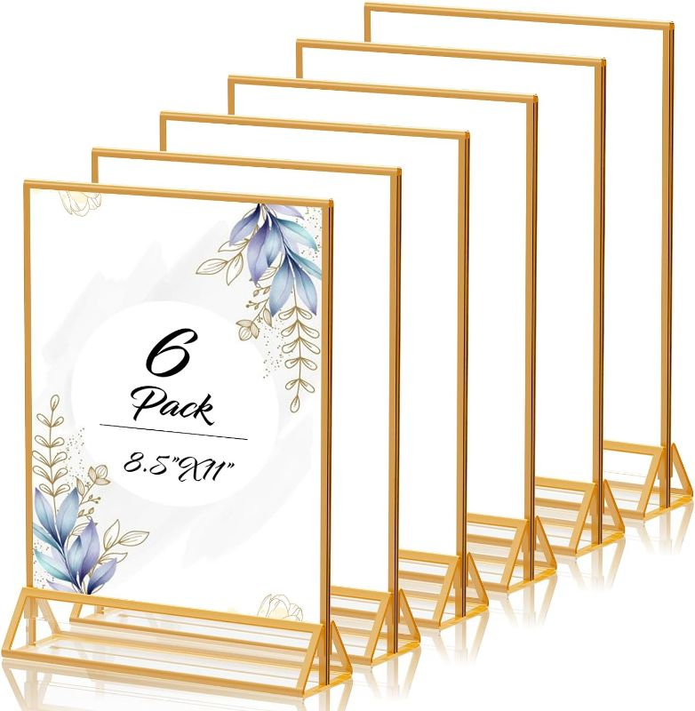 Photo 1 of (NON-REFUNDABLE) Acrylic Sign Holder 8.5X11 Gold Picture Frame Double Sided Acrylic Frame Plastic Sign Holder Display Stand for Wedding Table Numbers Menu Holder (6 Pack)