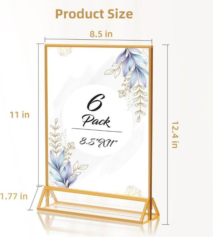 Photo 3 of (NON-REFUNDABLE) Acrylic Sign Holder 8.5X11 Gold Picture Frame Double Sided Acrylic Frame Plastic Sign Holder Display Stand for Wedding Table Numbers Menu Holder (6 Pack)