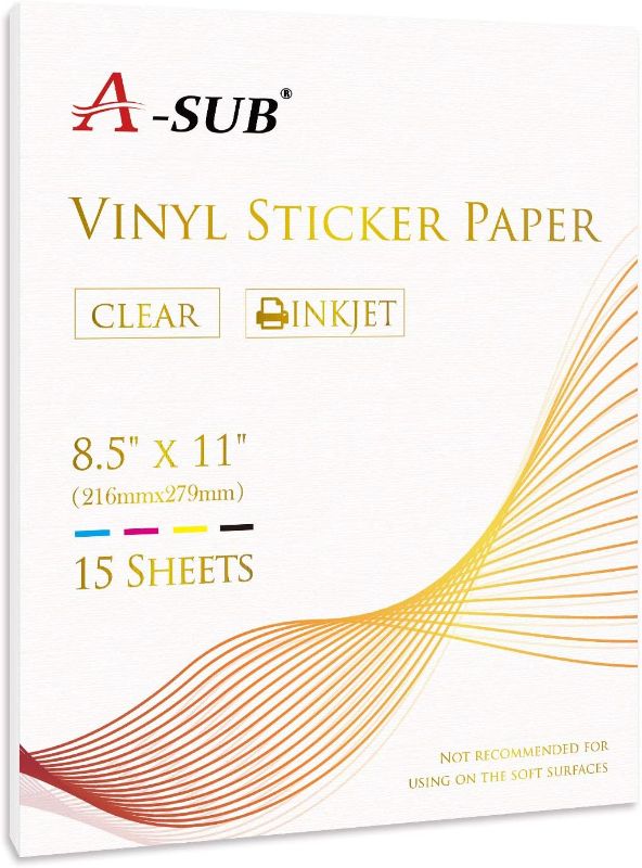 Photo 1 of A-SUB Clear Sticker Paper for Inkjet Printers - Waterproof Transparent Printable Vinyl Sticker Paper - 15 Sheets 8.5x11 Inch Glossy Clear Label Paper for Custom Stickers, Decals
