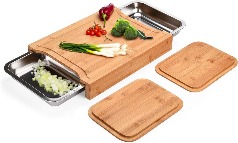 Photo 1 of Prosumer's Choice Bamboo Cutting Board - Chopping Board Wood -Organic Bamboo Cutting Board - Bamboo Cutting Board with Tray - Chopping Board with Stainless Steel Juice Catcher -15" x 11" x 2" inches
