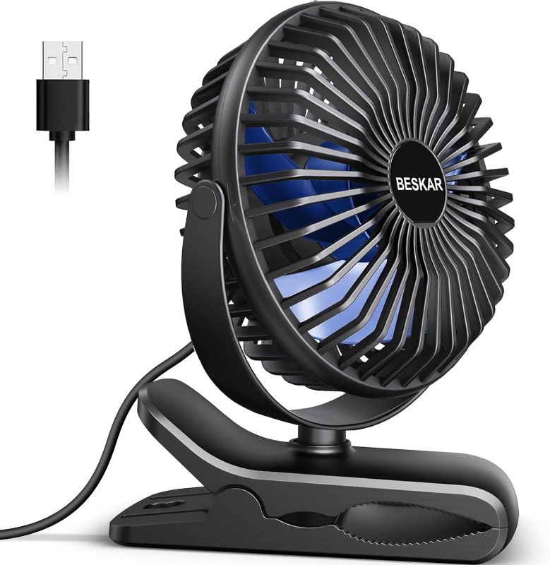 Photo 1 of BESKAR USB Clip on Fan, Portable Small Fan with Cord Powered, 3 Speeds Strong Airflow, with Sturdy Clamp, Quiet Personal Desk Fan
