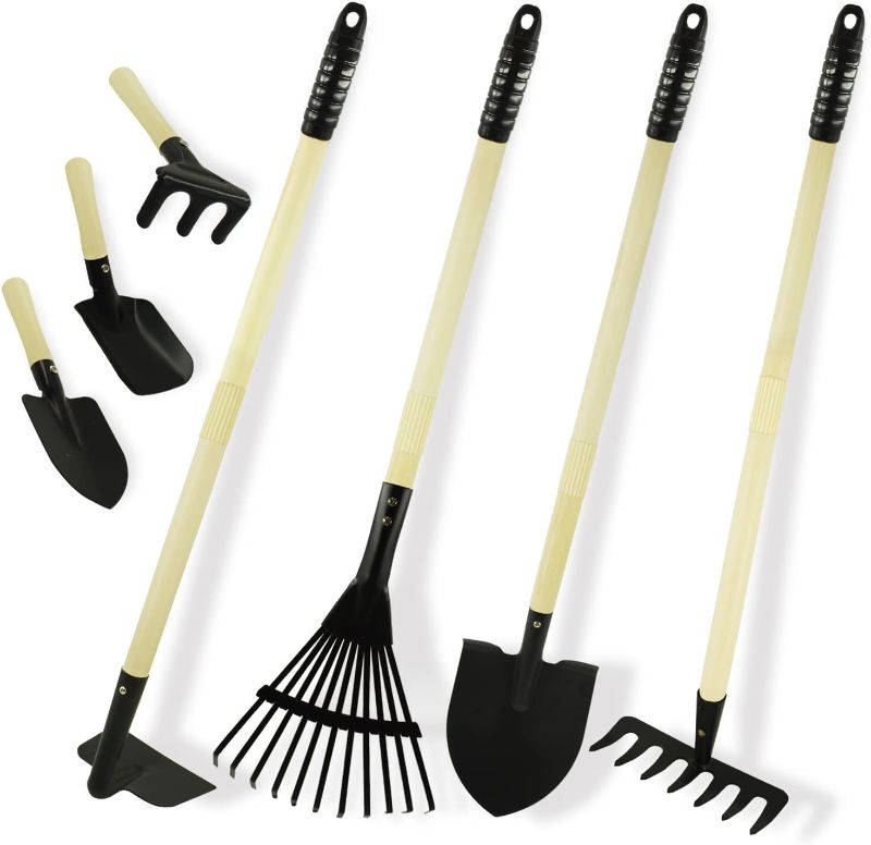 Photo 1 of 7PCS Kids Gardening Tools, Long Shovel, Rake for Leaves, Spade, Hoe, Steel Heads & Real Wood Handle, Yard Tools for Children Toddlers Gifts
