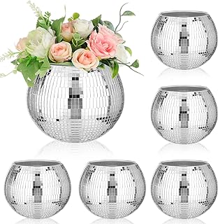 Photo 1 of **1 IS BROKEN** 6 Pieces Disco Ball Flower Vase Mirror Disco Ball Glass Vase Disco Ball Planter Candle Holder Glass Vase Bulk for Wedding Centerpieces Bedroom Kitchen Office Decoration Birthday (Silver, 5 x 6 Inch)