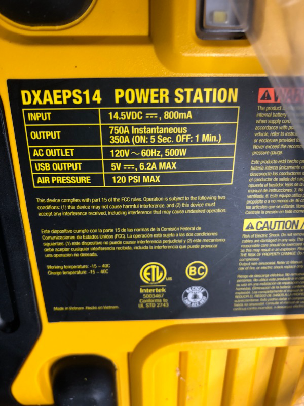 Photo 3 of DEWALT DXAEPS14 1600 Peak Battery Amp 12V Automotive Jump Starter/Power Station with 500 Watt AC Power Inverter, 120 PSI Digital Compressor, and USB Power , Yellow