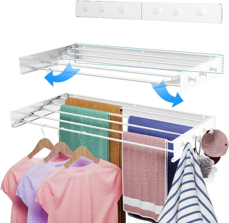 Photo 1 of **NEW** Upgrade 6 Knob Hooks Laundry Drying Rack Collapsible: 31.5" Wide Wall Mounted Clothes Drying Rack,5 Aluminum Rods, 13.2 Linear Ft 40lbs Capacity with Wall Template for Indoor Outdoor