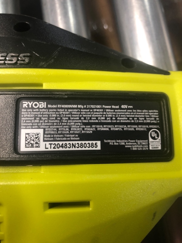 Photo 4 of (not functional)(sold for parts only) Ryobi RY40007VNM Brushless Expand-It 40-Volt Lithium-Ion Cordless Attachment Capable Trimmer Power Head-