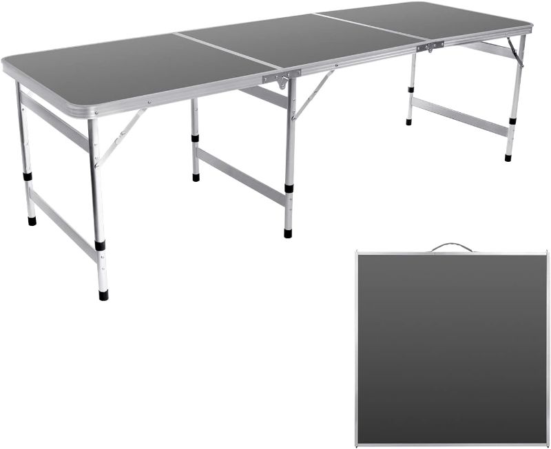 Photo 1 of 6 Ft Folding Table Adjustable Height Camping Table Aluminum Portable Table with Handle Tri-fold Outdoor Table Picnic BBQ Party Black