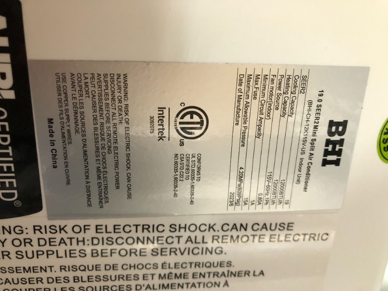 Photo 3 of ***USED - INDOOR UNIT ONLY - SEE PICTURES - NO OUTDOOR UNIT - UNABLE TO TEST***
BHI 12,000 BTU 115-Volt, 19 SEER2,600-Sq-Ft Ductless Mini Split Air Conditioner with Heat Pump