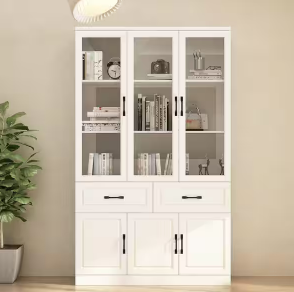 Photo 1 of **BOX 1 OF 2** MISSING BOX 2 TO BE COMPLETE**
***NON REFUNDABLE NO RETURNS SOLD AS IS***PARTS ONLY**
**STOCK IMAGE IS A REFERENCE ONLY** 78.9 in. Tall 8-Shelf White Wood Standard Bookcase with Adjustable Shelves, Tempered Glass Doors,-Drawers
