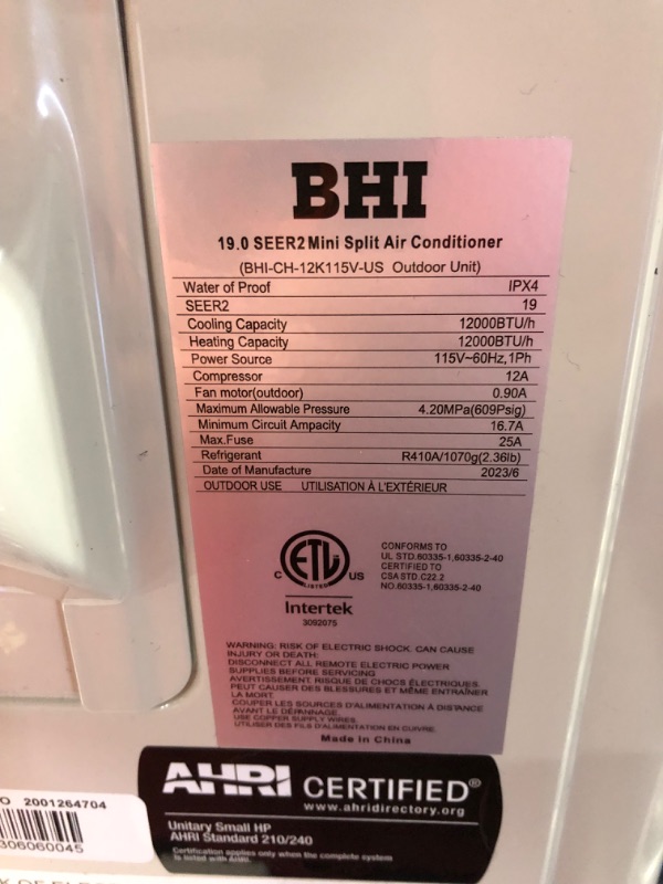 Photo 7 of ***USED - OUTDOOR UNIT ONLY - NO INDOOR UNIT INCLUDED - UNABLE TO TEST - RADIATOR FINS BROKEN - LIKELY MISSING PARTS***
BHI Single Zone 12000-BTU 20 SEER Ductless Mini Split Air Conditioner