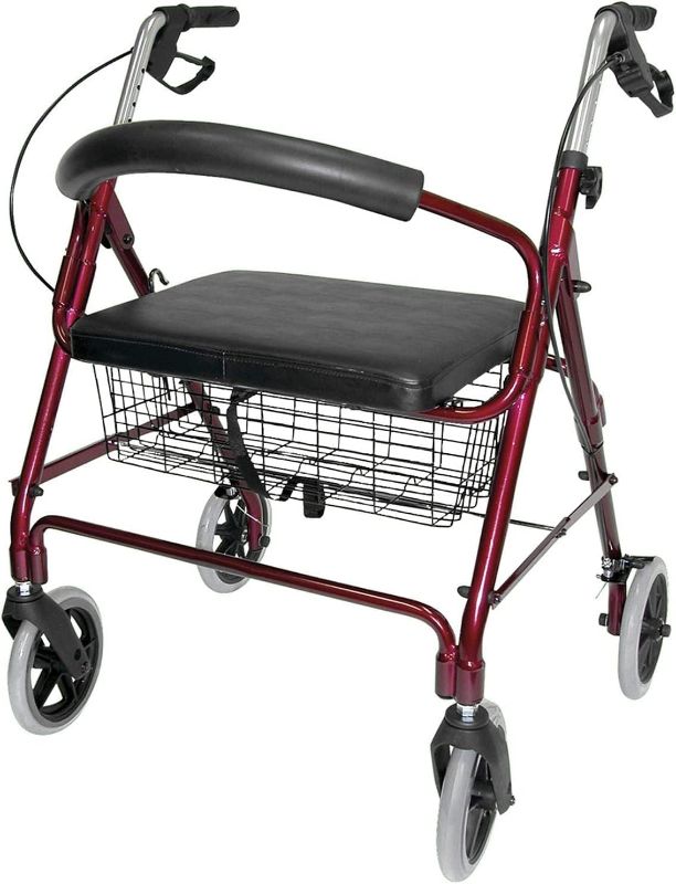 Photo 1 of DMI Rollator Walker with Extra Wide Seat and Backrest, FSA HSA Eligible, Adjustable Handle Height, Removable Storage Basket, Burgundy
