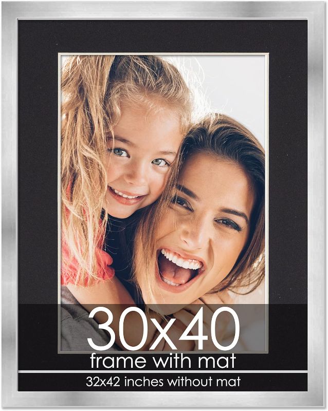 Photo 1 of **2 PACK**  30x40 Frame with Mat - Silver 32x42 Frame Wood Made to Display Print or Poster Measuring 30 x 40 Inches with Black Photo Mat
