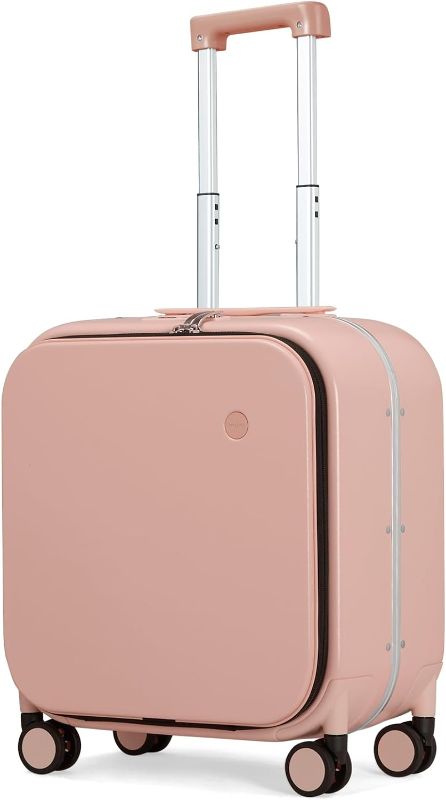 Photo 1 of ***USED - DEFAULT CODE IS 0-0-0***
Mixi Carry On Luggage, 14” Suitcase with Front Laptop Pocket, Travel Luggage Aluminum Frame PC Hardside with Spinner Wheels & TSA Lock and Cover (Not for Underseat) -Pink, 14” x 9”