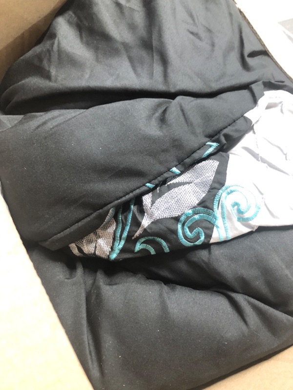 Photo 1 of Chezmoi Collection Napa 7-Piece Luxury Leaves Scroll Embroidery Bedding Comforter Set (Full, Teal Blue/Gray/Black) Full Teal Blue/Gray/Black