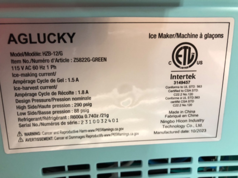 Photo 4 of ***USED - POWERS ON - UNABLE TO TEST FURTHER - MISSING SCOOP***
ZAFRO Countertop Ice Maker,Portable Ice Machine with Carry Handle,Self-Cleaning,Basket and Scoop,9 Cubes in 6 Mins,26.5lbs/24Hrs,2 Sizes of Bullet Ice,for Home,Kitchen,Party,Black,Green