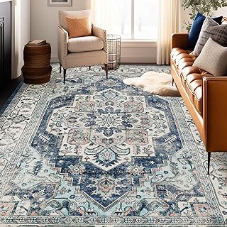 Photo 1 of **STOCK IMAGE IS A REFERENCE ONLY**  Machine Washable Rug 8x10 Vintage Design Washable Boho Area Rugs for Living Room, Bedroom, Kitchen, Soft Non-Slip Indoor Large Rug, Navy/Beige-Print Design