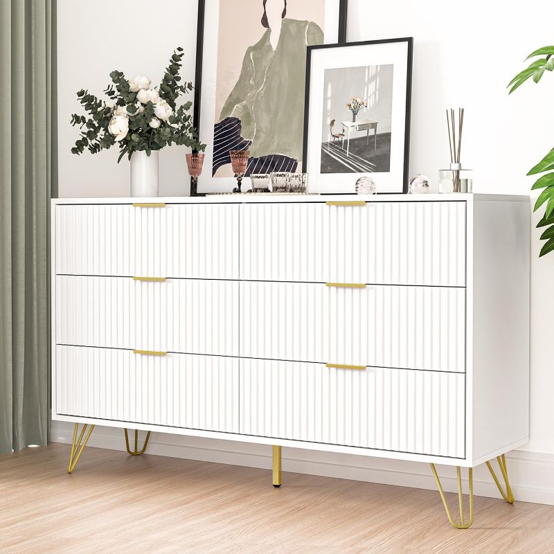 Photo 1 of **FOR PARTS (NON REFUNDABLE)
White Dresser, Modern 6-Drawer Dresser for Bedroom with Gold Handles, Wide Chest of Drawers for Living Room