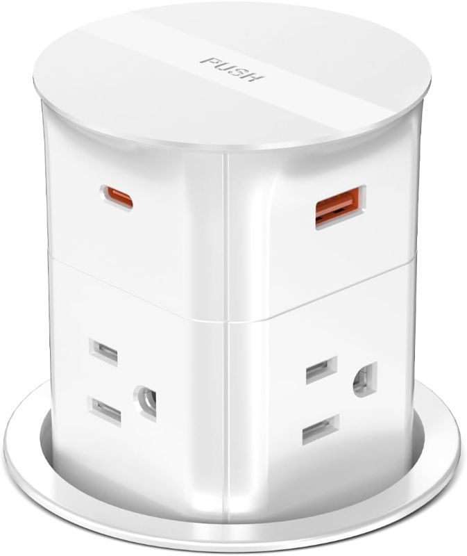 Photo 1 of Pop up Outlet for Countertop with PD 20W USB C Fast Charging,3.15" Desk Grommet Power Station,4 Outlets,4 USB,Kitchen Island Pop Up Electrical Outlet, Office Power Supply
