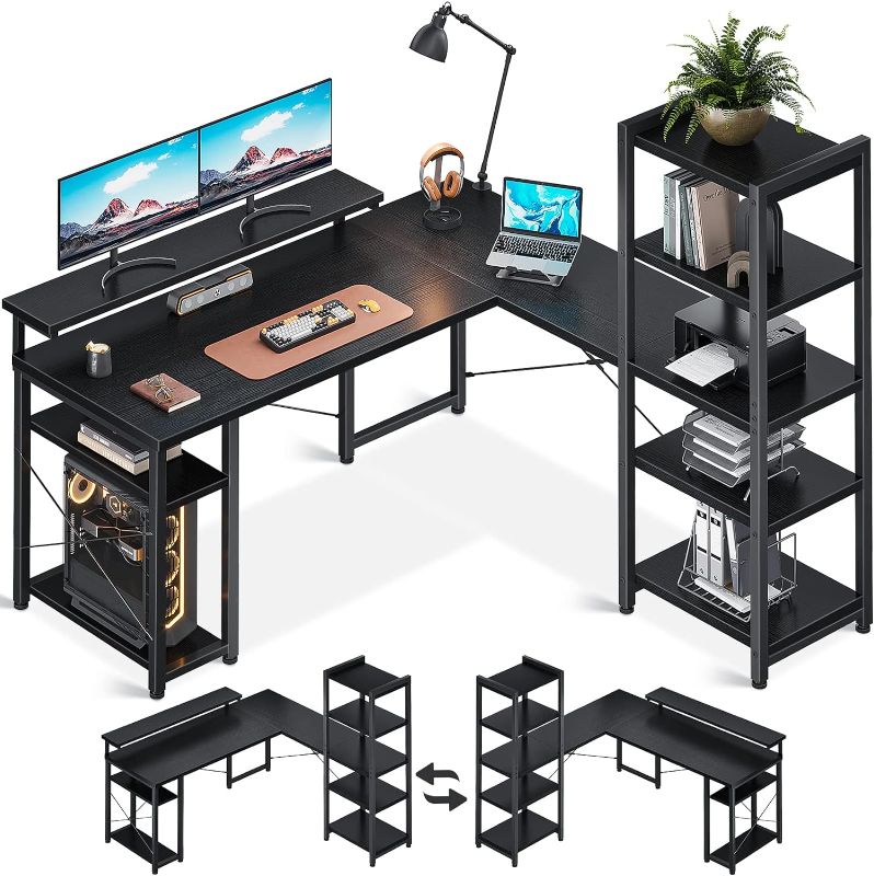 Photo 1 of **FOR PARTS (NON REFUNDABLE)**
ODK L Shape Computer Desk with Monitor Stand, 54 Inch Home Office Desk with Storage Printer Shelves, Sturdy Gaming Table with Reversible Bookshelf for Bedroom, Black 54 inch Black