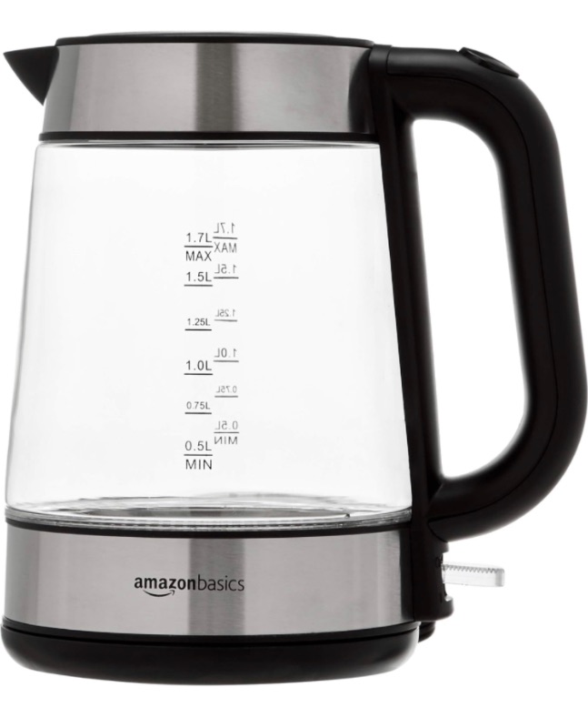 Photo 1 of Amazon Basics Electric Glass and Steel Hot Tea Water Kettle, 1.7-Liter, Black and Sliver