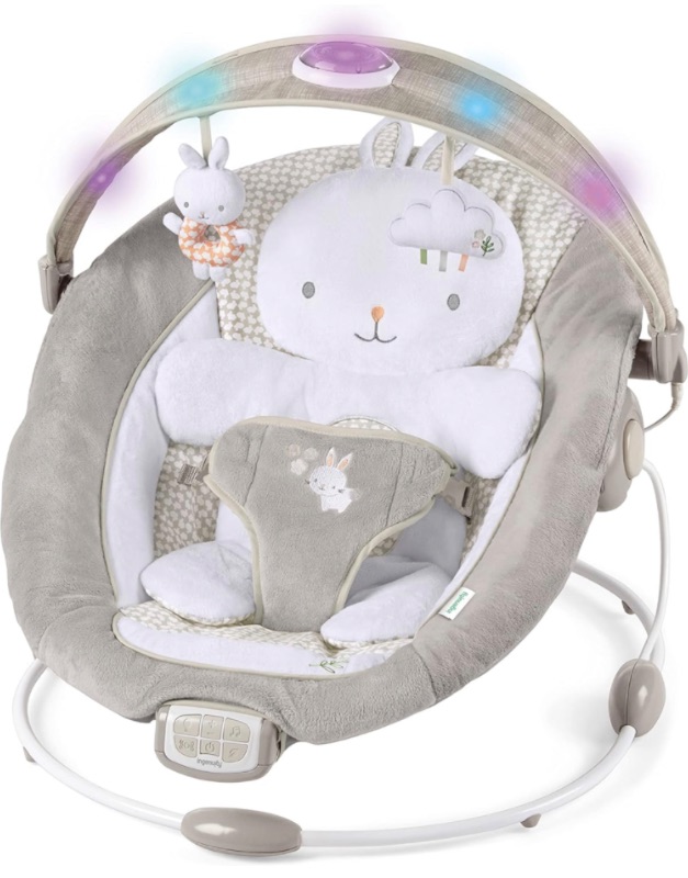 Photo 3 of Ingenuity InLighten Baby Bouncer Infant Seat with Light Up -Toy Bar, Vibrations, Tummy Time Pillow & Sounds, 0-6 Months Up to 20 lbs (Twinkle Tails Bunny)