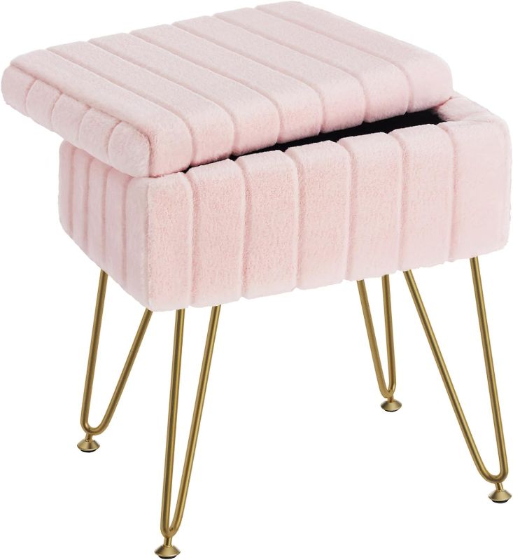 Photo 1 of ***USED MISSING LEGS***Greenstell Vanity Stool Chair Faux Fur with Storage, 15.7"L x 11.8"W x 19.4"H Soft Ottoman 4 Metal Legs with Anti-Slip Feet, Furry Padded Seat, Modern Multifunctional Chairs for Makeup, Bedroom Pink