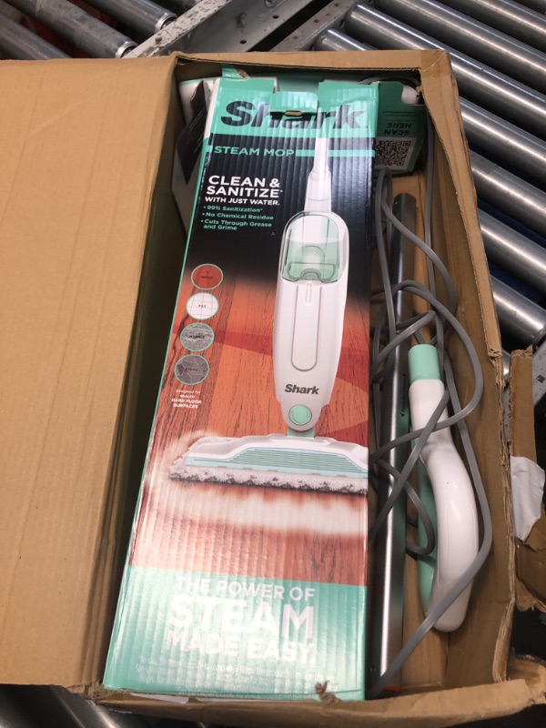 Photo 2 of Shark S1000 Steam Mop with 2 Dirt Grip Pads, Lightweight, Safe for all Sealed Hard Floors like Tile, Hardwood, Stone, Laminate, Vinyl & More, Machine Washable Pads, Removable Water Tank, White/Seafoam New