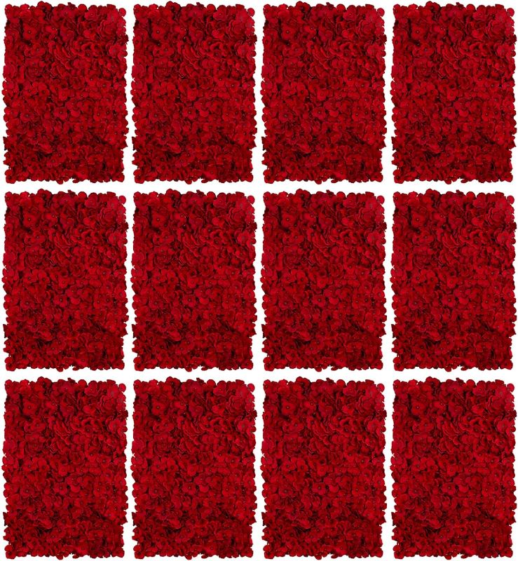 Photo 1 of BLOSMON Flower Wall Panel Backdrop - 12 Pcs 24 x 16 Inch Red Artificial Hydrangea Floral Backdrop for Wedding Party Baby Bridal Shower Decor, Hanging Fake Silk Flower Backdrop Decoration