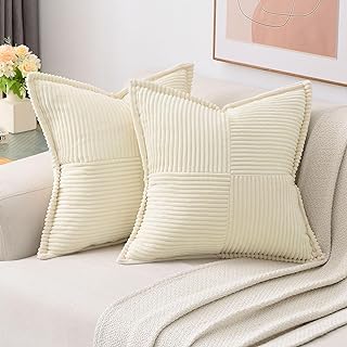 Photo 1 of HAUSSY Beige Throw Pillow Covers 20x20 Inch Set of 2,Soft Solid Corduroy Striped/Wide Bordered,Square Decorative Cushion Case,Winter Home Decorations for Couch,Bed https://a.co/d/bxSdYXp
