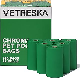 Photo 1 of VETRESKA Home Compostable Chroma Dog Poop Bags, Leak Proof, Extra Thick and Unscented Pet Waste Bags for Dog Walking and Cat Litter, 12 Refill Rolls, 180 Bags, Green
