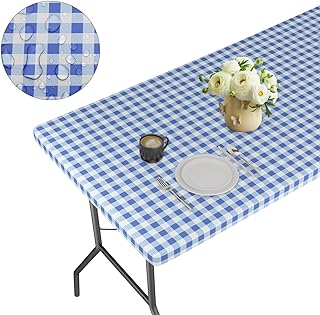 Photo 1 of Vinyl Fitted Tablecloth with Elastic Edge-Waterproof Rectangle Table Cover for 6 Foot Folding Tables Blue Plaid Table Cloth with Flannel Backing for Indoor Outdoor Dinning Picnic Party 30x72 Inches https://a.co/d/5ARI5vq