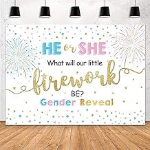 Photo 1 of MEHOFOND Firework Gender Reveal Party Backdrop He Or She What Will Our Little Firework Be Star Photography Background Boy Or Girl Gold Baby Shower Decorations Banner Photo Studio Props 7x5ft