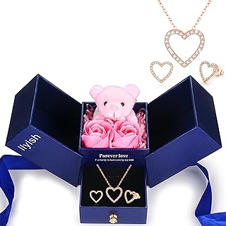 Photo 1 of llyish Birthday Women Gifts Artificial Rose Flowers Bear Gifts Box with Heart Necklaces for Her Mom Girlfriend Wife on Anniversary Mother's Day Valentine's Day https://a.co/d/gCevSbv