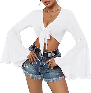 Photo 1 of Bell Sleeve Mesh Tops for Women Rave Outfits Tie Front Crop Top Long Sleeve Shirt Sheer Blouse Festival https://a.co/d/7eNWaqg small but runs big 
