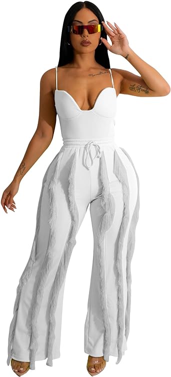 Photo 1 of PRIVIMIX Women 2 Piece Outfits Fringe Tassel Long Pants Set Adjustable Suspenders Bodysuit Spaghetti Strap Clubwear Jumpsuits https://a.co/d/h1XefM7