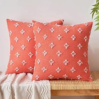 Photo 1 of YOUR SMILE Set of 2 Decorative Throw Pillow Covers Rhombic Jacquard Pillowcase Soft Square Cushion Case for Couch Sofa Bed Bedroom Living Room (18 X 18, Orange) 