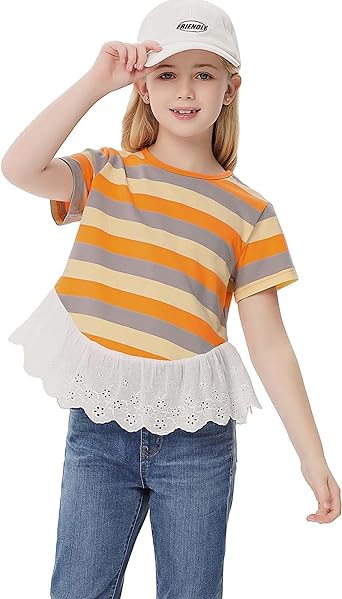 Photo 1 of Kukume Girls 2024 Summer Short Sleeve Tops Crewneck Color Block Striped T-Shirts Ruffle Tunic Tees Blouses https://a.co/d/hN8xodN