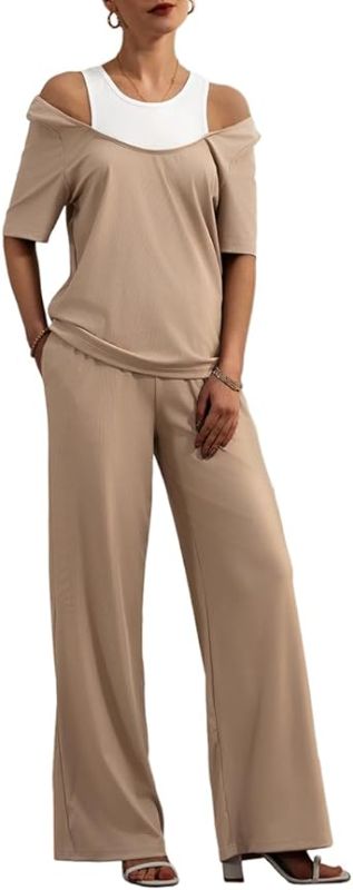 Photo 1 of Vidifid Women Summer 2 Piece Casual Outfits Short Sleeve Round Neck Top Wide Leg Pants Set with Pockets Sz Medium