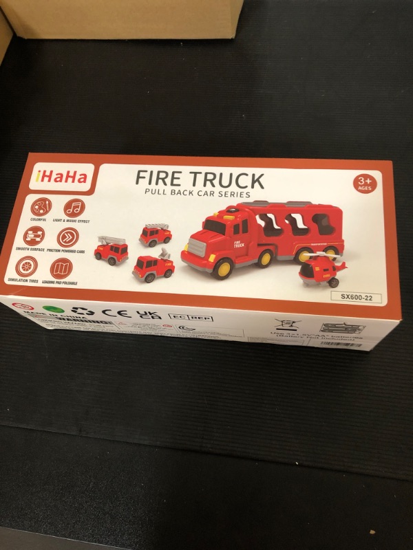 Photo 2 of iHaHa Fire Truck Toys for 1 2 3 4 5 6 Years Old Boys Toddlers, 5 in 1 Kids Carrier Fire Trucks Cars for Toddler Boy Toys Birthday, Car Trucks Friction Power Toys with Light Sound