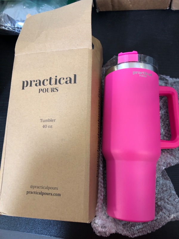 Photo 2 of 40 oz Tumbler with Handle and Straw Lid | Reusable Stainless Steel Water Bottle Travel Mug Cupholder Friendly | Mother's Day Gifts for Women Men Him Her | Fuchsia Pink, 40oz