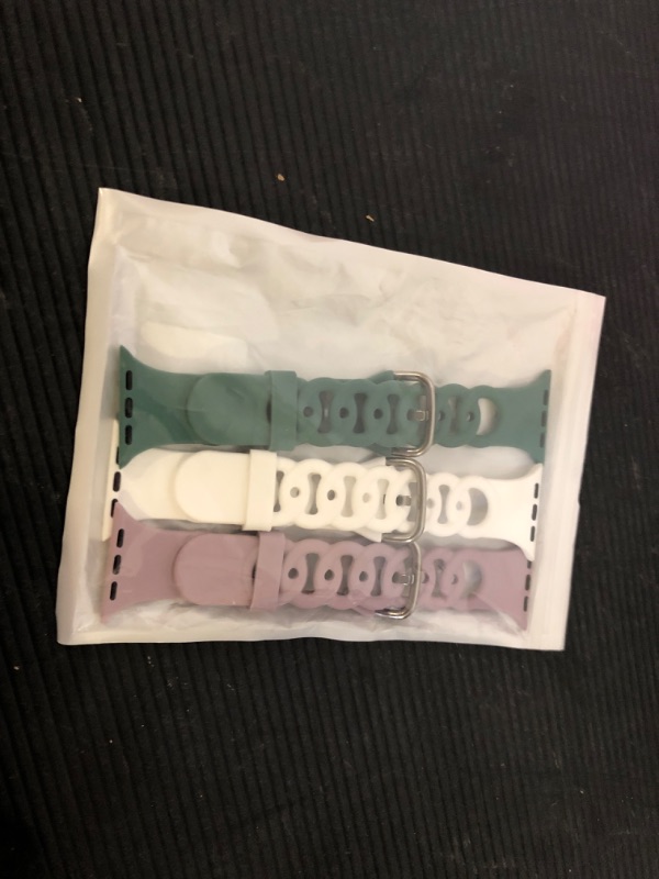 Photo 2 of 3 pack silicone band compatible with apple watch band 38mm 40mm 41mm 42mm 44mm 45mm 49mm Women Men,Thin Slim Hollow-out Sport band Replacement Wristbands for iWatch SE Series 8 7 6 5 4 3 2 1 White / Pine Green / Light Purple 38mm/40mm/41mm