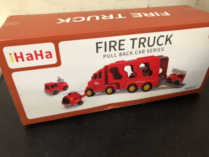 Photo 2 of iHaHa Fire Truck Toys for 1 2 3 4 5 6 Years Old Boys Toddlers, 5 in 1 Kids Carrier Fire Trucks Cars for Toddler Boy Toys Birthday, Car Trucks Friction Power Toys with Light Sound