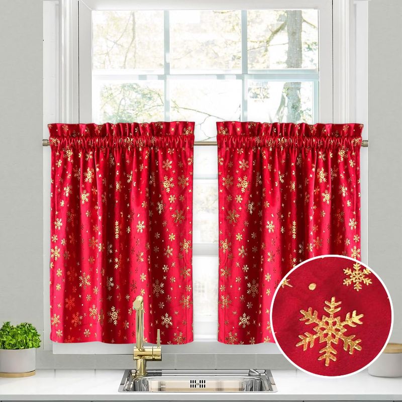 Photo 1 of CUCRAF Velvet Kitchen Curtains 36 inch Length,Short Curtains for Small Window Cafe Store Kitchen Bathroom, Soft Farmhouse Waterproof Rod Pocket Drapes, Set of 2, 27x36 inch, Red 36"L x 27"W Red