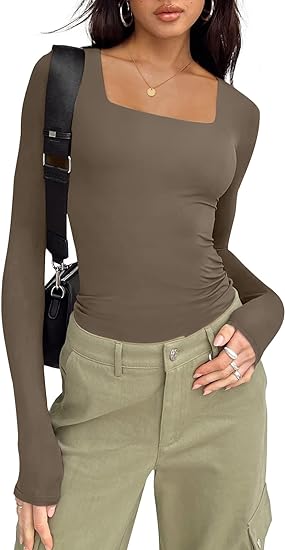 Photo 1 of small---SOLY HUX Women's Square Neck Long Sleeve T Shirt Casual Solid Fitted Tee Tops army green 