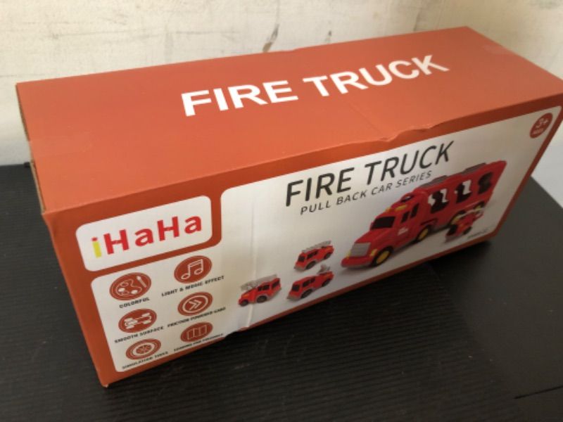 Photo 2 of iHaHa Fire Truck Toys for 1 2 3 4 5 6 Years Old Boys Toddlers, 5 in 1 Kids Carrier Fire Trucks Cars for Toddler Boy Toys Birthday, Car Trucks Friction Power Toys with Light Sound