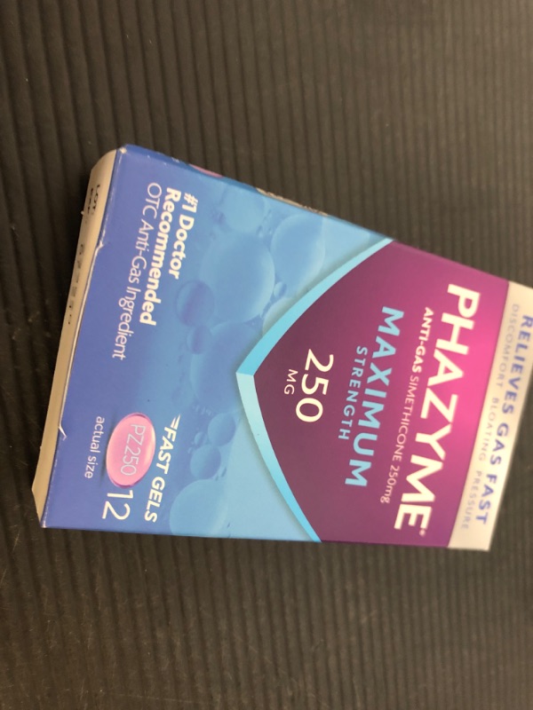 Photo 1 of exp date 07/2024  Phazyme Maximum Strength Gas and Bloating Relief, 250 mg Simethicone, 12 Fast Gels  