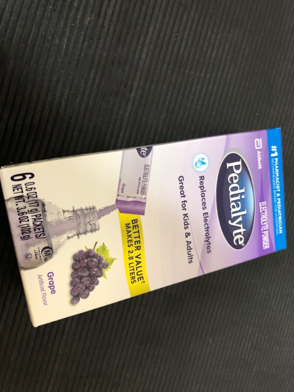 Photo 2 of exp date 03/2025  Pedialyte Electrolyte Powder Packets, Grape, Hydration Drink, 6 Single-Serving Powder Packets Grape 6 Count (Pack of 1)