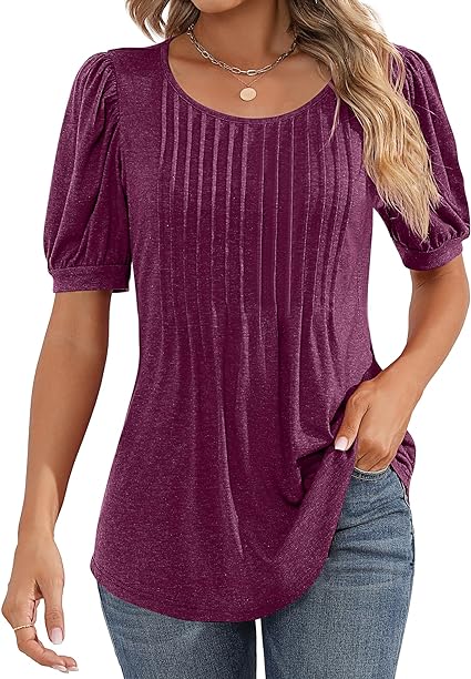 Photo 1 of xl--Women's Puff Short Sleeve Tunic Tops Pleated Crew Neck Blouses Dressy Casual Loose Spring and Summer T-Shirts  