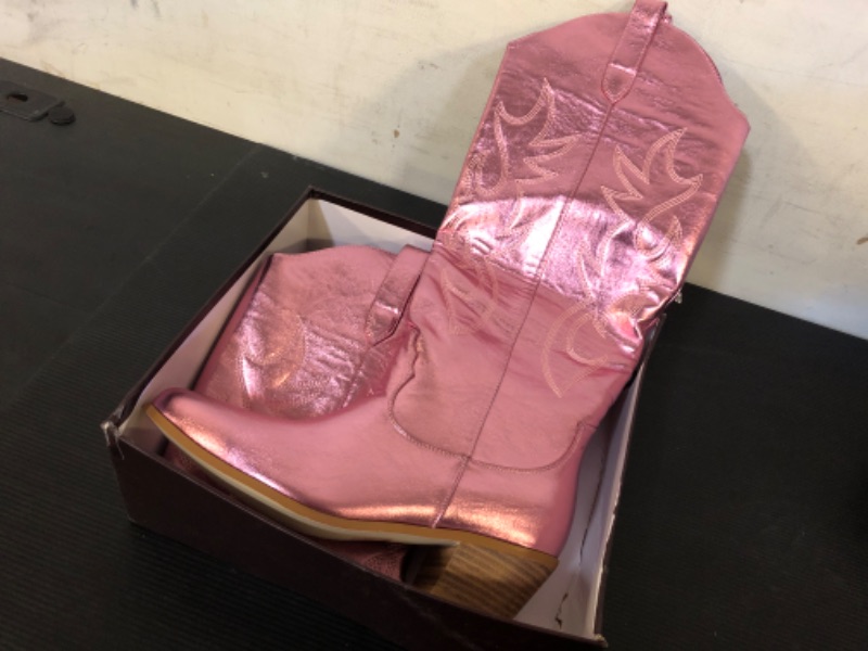 Photo 1 of 9.5---Ouepiano Cowboy Boots for Women Knee High Wide Calf Cowgirl Boots Embroidered Chunky Heels Pointed Toe Long Tall Western Boot Pull On 9.5 Metallic Pink