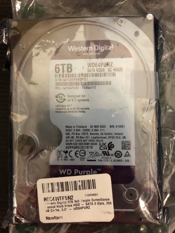 Photo 2 of Western Digital 6TB WD Purple Surveillance Internal Hard Drive HDD - SATA 6 Gb/s, 256 MB Cache, 3.5" - WD64PURZ 256 MB Cache 6TB